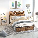 Homcom Industrial Double Bed Frame, 4.8ft Steel Bed Base W/ Storage Headboard, Footboard, Under Bed Storage, 145 X 209cm, Rustic Brown