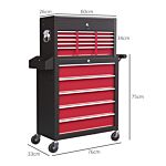 Homcom Rolling Tool Cabinet On Wheels With 14 Drawers, Pegboard And Side Rack, Lockable Top Tool Chest And Roller Cabinet Combo For Workshop And Home, Red