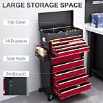 Homcom Rolling Tool Cabinet On Wheels With 14 Drawers, Pegboard And Side Rack, Lockable Top Tool Chest And Roller Cabinet Combo For Workshop And Home, Red