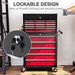 Homcom Rolling Tool Cabinet On Wheels With 14 Drawers, Pegboard And Side Rack, Lockable Top Tool Chest And Roller Cabinet Combo For Workshop And Home, Red