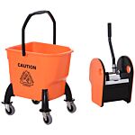 Homcom 26l Mop Bucket With Wringer, Mop Bucket On Wheels With Carry Handle, Mop Holder, Plastic Body For Household, Orange