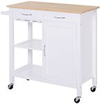 Homcom Kitchen Storage Trolley Cart Cupboard Rolling Wheels Shelves Cabinet Island W/ Drawers Towel Rail Wine Glass Rack Pine Wood Worktop White