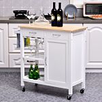 Homcom Kitchen Storage Trolley Cart Cupboard Rolling Wheels Shelves Cabinet Island W/ Drawers Towel Rail Wine Glass Rack Pine Wood Worktop White