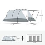 Outsunny 6-8 Person Tunnel Tent, Camping Tent With Bedroom, Living Room, Sewn-in Floor, 3 Doors And Carry Bag, 2000mm Water Column For Fishing, Grey