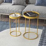 Homcom Set Of 2 Nesting Coffee Tables With Gold Metal Base, Nest Of Tables With Embedded Tabletop In Marble Color, Living Room, Bedroom