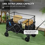 Outsunny Folding Garden Trolley, 180l Wagon Cart With Extendable Side Walls, For Beach, Camping, Festival, Black