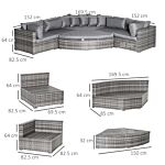 Outsunny 6-seater Outdoor Rattan Wicker Sofa Set Half Round Patio Conversation Furniture Set W/ Cushions Grey