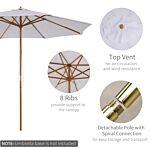 Outsunny 3(m) Fir Wooden Parasol Garden Umbrellas 8 Ribs Bamboo Sun Shade Patio Outdoor Umbrella Canopy, Cream White