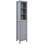 Kleankin Bathroom Floor Storage Cabinet With 3 Tier Shelf And Cupboard With Door, Free Standing Linen Tower, Tall Slim Side Organizer Shelves, Grey