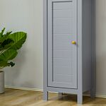 Kleankin Bathroom Floor Storage Cabinet With 3 Tier Shelf And Cupboard With Door, Free Standing Linen Tower, Tall Slim Side Organizer Shelves, Grey