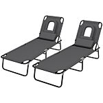 Outsunny Outdoor Foldable Sun Lounger Set Of 2, 4 Level Adjustable Backrest Reclining Sun Lounger Chair With Pillow And Reading Hole, Dark Grey