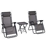 Outsunny 3pcs Folding Zero Gravity Chairs Sun Lounger Table Set W/ Cup Holders Reclining Garden Yard Pool, Dark Grey