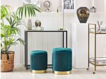 Set Of 2 Storage Pouffes Teal Blue Polyester Velvet Upholstery Gold Base Modern Design Horizontal Tuft Living Room Accent Piece Beliani