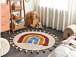 Area Rug Multicolour Cotton Ø 120 Cm Round With Tassels Geometric Rainbow Pattern Boho Style Living Room Kids Children's Room Beliani