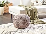 Pouf Ottoman Footstool Taupe Beige 50 X 50 X 35 Cm Handmade Macrame 100% Cotton Beads Filling Round Beliani