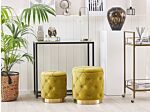 Set Of Storage Pouffes Mustard Polyester Velvet Button Tufted Upholstery Golden Base Retro Design Beliani