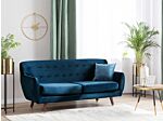 Sofa Navy Blue Velvet 3 Seater Button Tufted Back Cushioned Seat Wooden Legs Beliani