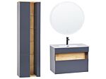 3 Piece Bathroom Furniture Set Grey Mdf With Ceramic Basin Wall Mount Vanity Tall Cabinet Round Led Mirror Beliani