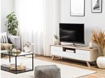 Tv Stand White And Light Wood Veneer For Up To 64ʺ Tv With 2 Cabinets And Drawer Beliani