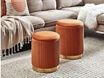 Set Of 2 Storage Pouffes Orange Polyester Velvet Upholstery Gold Base Modern Design Horizontal Tuft Living Room Accent Piece Beliani