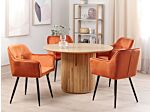 Set Of 2 Dining Chairs Orange Beige Velvet Upholstered Seat With Armrests Black Metal Legs Beliani