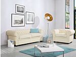 Chesterfield Living Room Set Cream Leather Upholstery Dark Wood Legs 3 Seater Sofa + Armchair Contemporary Beliani