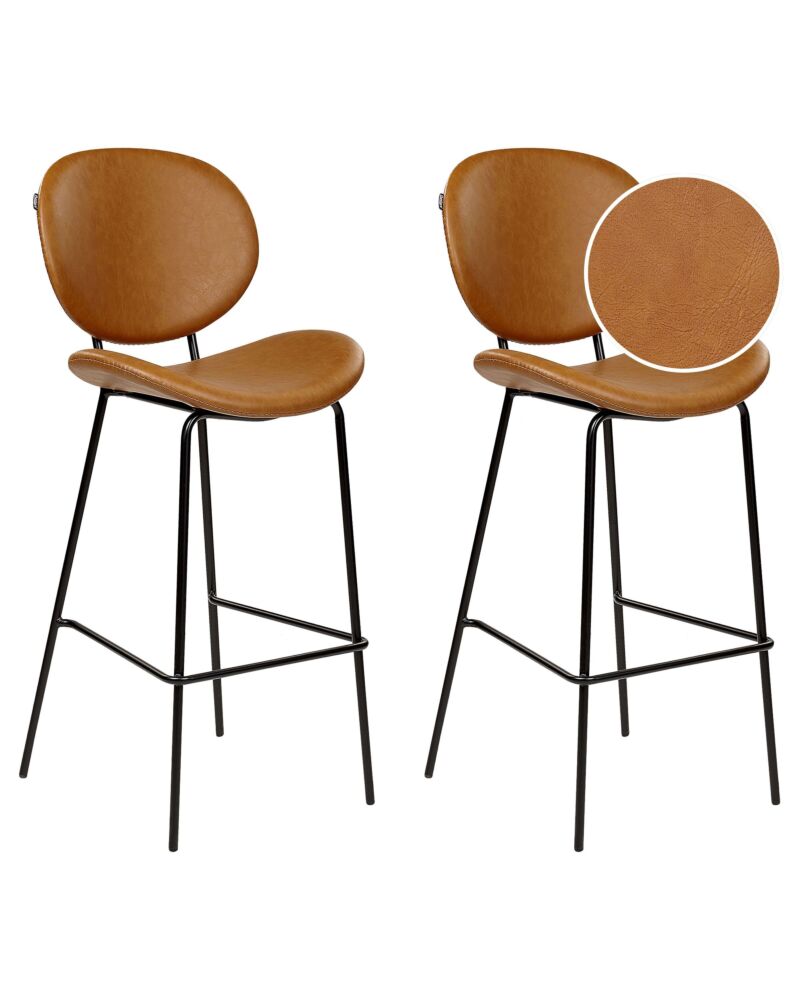 Set Of 2 Dining Chairs Golden Beige Armless Leg Caps Faux Pu Leather Black Iron Legs Contemporary Retro Design Dining Room Seating Beliani