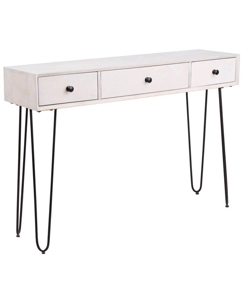 Console Table Off White Mango Wood With 3 Drawers Distressed Effect Sideboard Slim Rustic Style Side Table Beliani