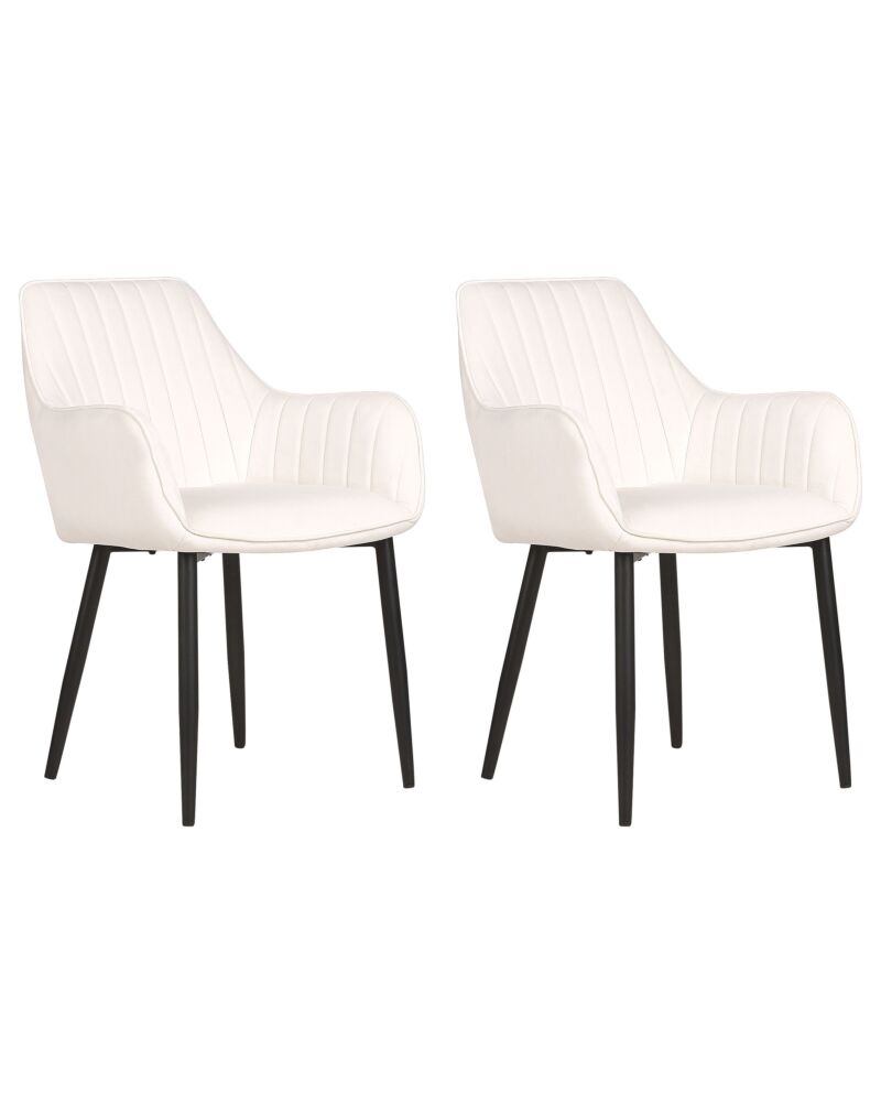 Set Of 2 Dining Chairs Off-white Velvet Armrests Black Metal Legs Retro Glam Beliani