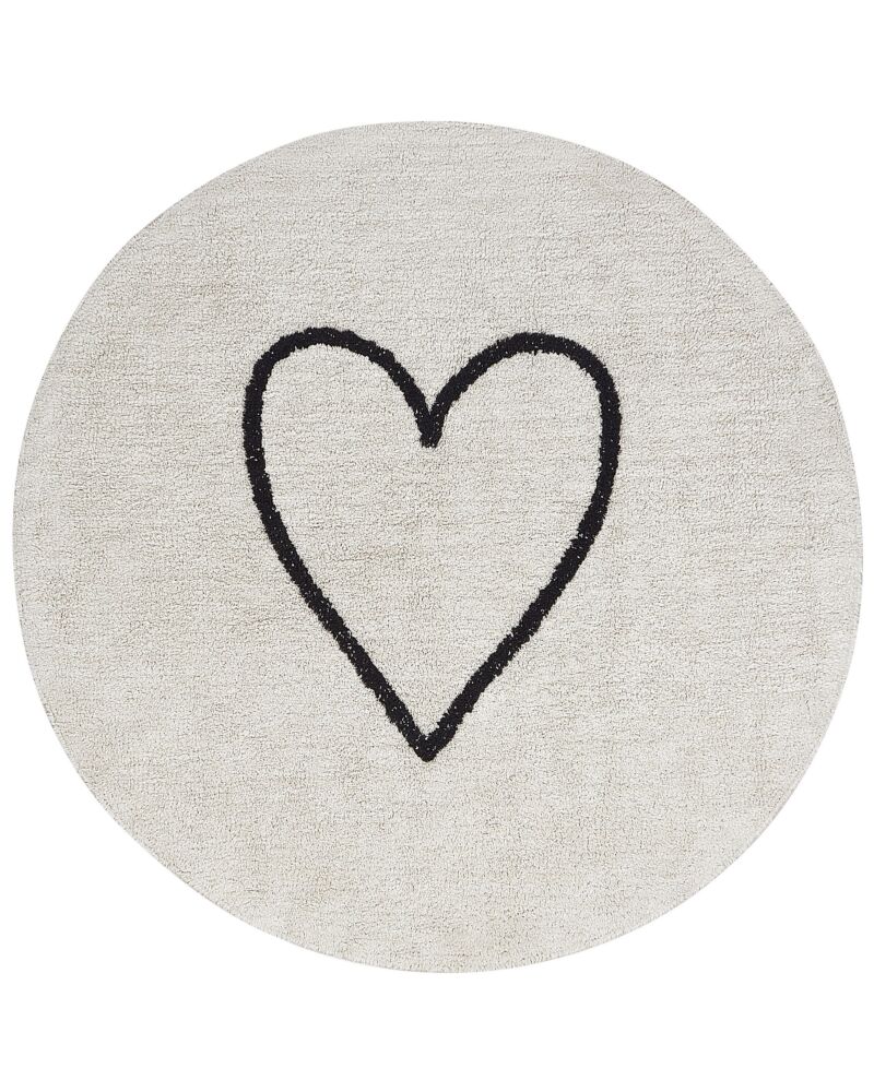 Area Rug Beige And Black Cotton Ø 140 Cm Round With Heart Pattern Boho Style Living Room Kids Children's Room Beliani