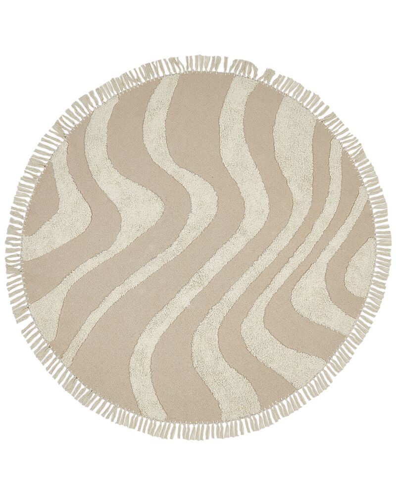 Round Area Rug Beige Cotton ⌀ 140 Cm Tufted With Fringe Pattern Boho Living Room Bedroom Beliani