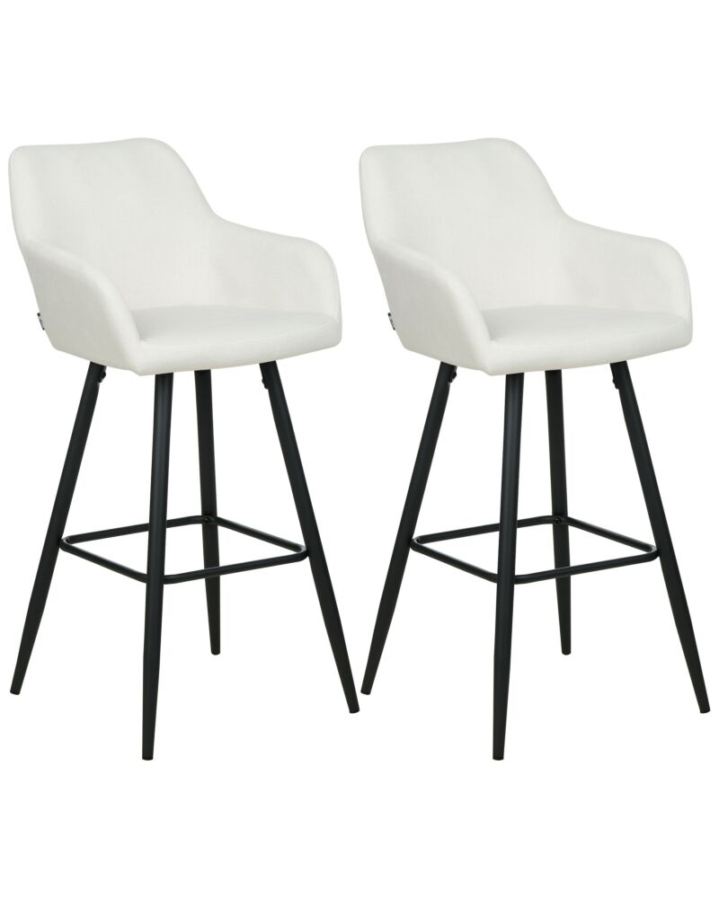 Set Of 2 Bar Stool Off-white Fabric Upholstered With Arms Backrest Black Metal Legs Beliani