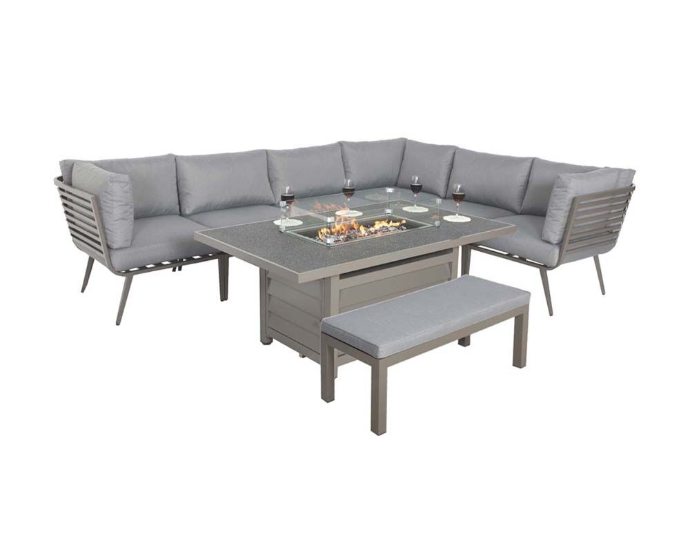 Mayfair Grey Frame 8 Seater: 6pc Corner Lounging Includes 1 Lh & Rh Sofa Bench 1 X Middle Seat , 1 Corner Seat & 150x90cm Firepit Table + 2 Seater Bench