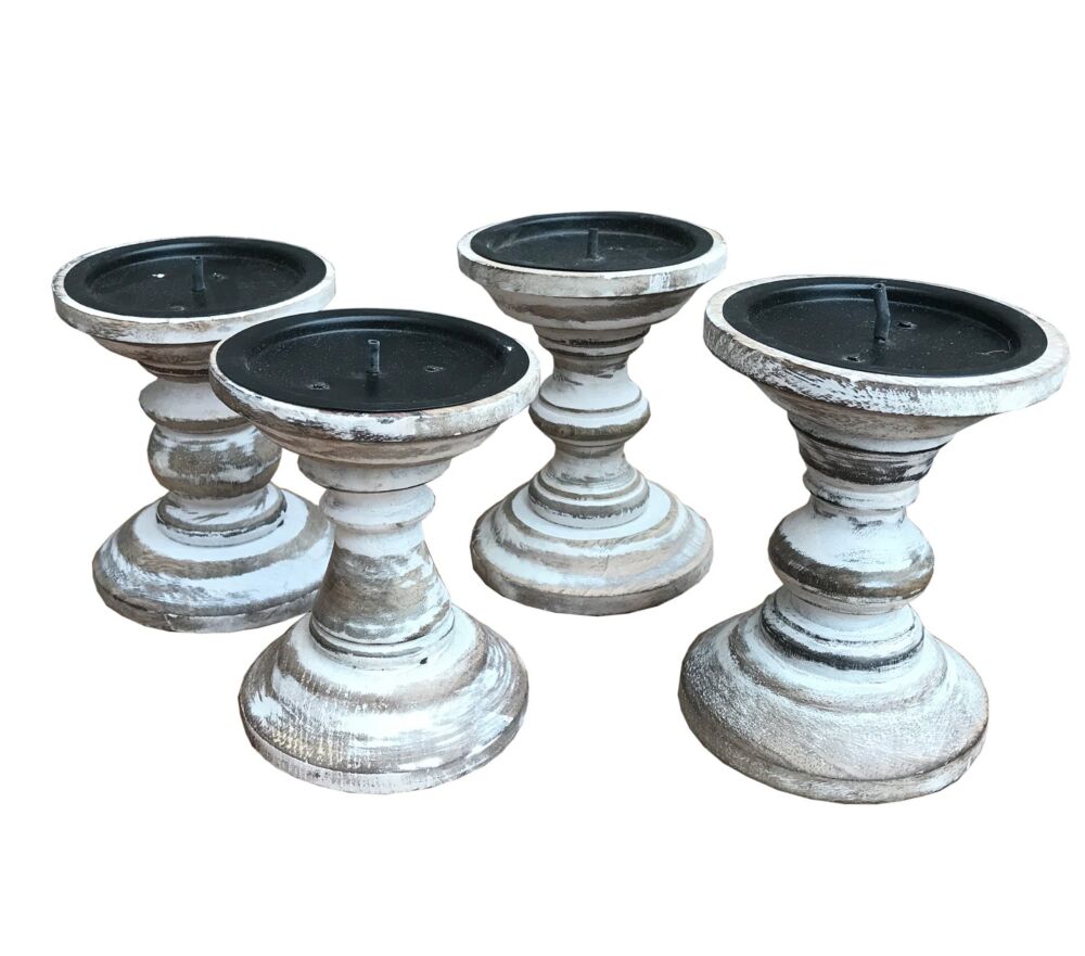 Set Of 4 White Wooden Candlestick Church Pillar Candle Holders