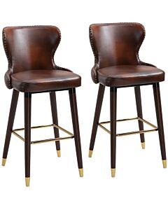 Homcom Bar Stools Set Of 2, Pu Leather Vintage Counter-height Bar Chair, Luxury European Style Kitchen Stools With Back, Brown