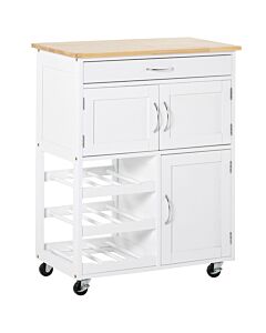 Homcom Modern Kitchen Trolley, Rolling Island Storage Cart With Drawer, 9-bottle Wine Rack, Door Cabinets, Wooden Countertop, White