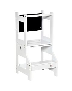 Homcom 2-in-1 Kids Step Stool, Toddler Table And Chair Set, With Safety Rail Chalkboard Kitchen Helper Standing Tower, White