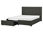 Eu King Size Bed Dark Grey Fabric 5ft3 Upholstered Frame Buttoned Headrest With Storage Drawers Beliani