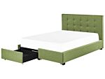 Eu Double Size Bed Green Fabric 4ft6 Upholstered Frame Buttoned Headrest With Storage Drawers Beliani