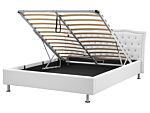 Eu King Size Bed White Faux Leather 5ft3 Upholstered Frame With Storage Nailhead Trim Crystal Buttons Headrest Beliani