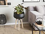 Plant Stand Black Iron Wooden Legs 35 X 35 X 55 Cm Indoor Outdoor Metal Flower Pot Uv Resistant Modern Industrial Standing Planter Beliani