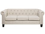 Chesterfield Sofa Beige Fabric Upholstery Dark Wood Legs 3 Seater Nailhead Trim Contemporary Beliani