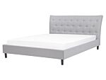 Slatted Bed Frame Grey Polyester Fabric Upholstered Wooden Legs Tufted Headboard 5ft3 Eu King Size Modern Design Beliani