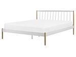 Eu King Size Panel Bed White With Light Wood Legs 5ft3 White Metal Frame Slatted Base Retro Scandinavian Beliani