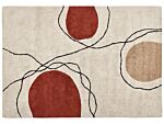 Area Rug Cotton Beige And Red 140 X 200 Cm Abstract Pattern Low Pile Modern Beliani