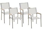 Set Of 4 Garden Dining Chairs White And Silver Textile Seat Stainless Steel Legs Stackable Outdoor Resistances Beliani