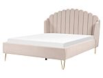 Bed Frame Beige Fabric Upholstery Eu King Size 5ft3 Metal Legs Retro Design Chanell Shell Headboard Beliani