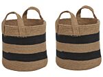 Set Of 2 Storage Baskets Beige And Black Jute Striped Pattern Laundry Bins Boho Accessories Beliani