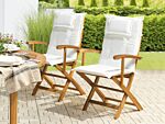 Set Of 2 Garden Dining Chairs Light Wood With White Cushion Acacia Wood Frame Folding Rustic Design Beliani