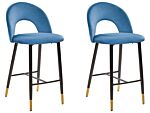 Set Of 2 Bar Chairs Blue Velvet Black Steel Retro Design Golden Ends Dining Room Beliani